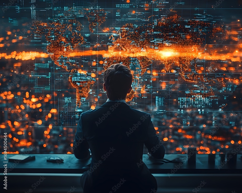 Poster businessman analyzing a futuristic digital world map displaying global data and network connections 