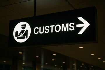 Customs sign pointing right with customs officer icon hanging in airport terminal