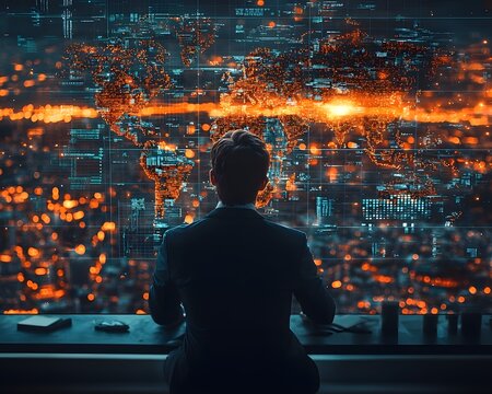 Businessman analyzing a futuristic digital world map displaying global data and network connections for strategic planning