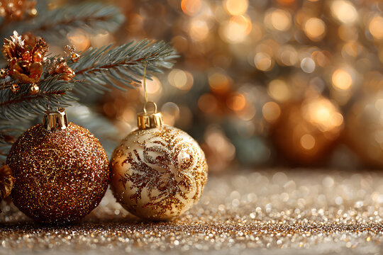 Christmas background with golden ornaments and fir tee branches on a shiny gliter background