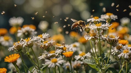 Bees flying over flowers on a sunny day