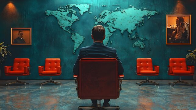 Business leader contemplates global strategy in empty meeting room with world map