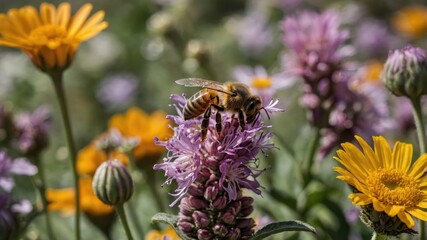 Bees flying over flowers on a sunny day