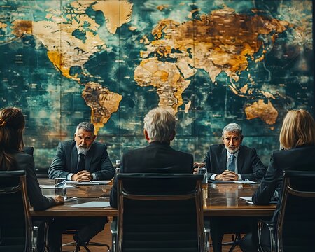 Business leaders in a serious global meeting around a table with a world map backdrop