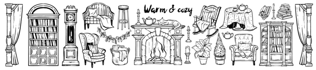 Vintage furniture doodle set, castle interior living room object illustration, cozy hand drawn home. Antique comfortable armchair, stone chimney wooden old clock, bookshelf. Retro furniture doodle art