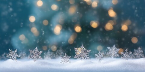 Delicate Snowflake on Frosty Winter Background with Bokeh Lights