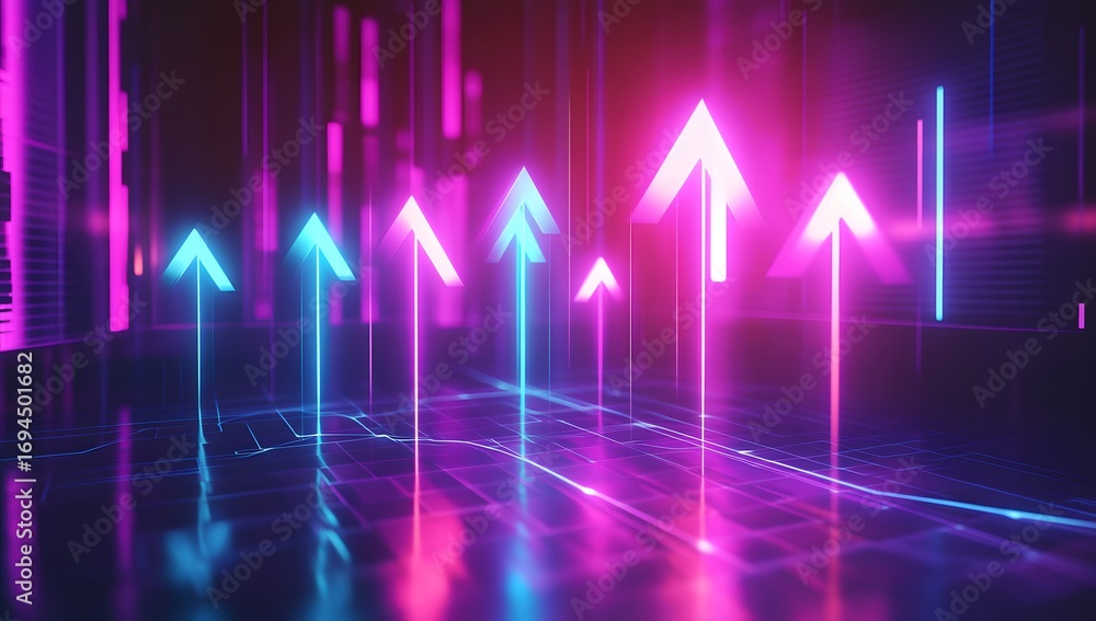 Poster 3d rendering of glowing neon arrows pointing upwards on a digital background with an arrow graph and