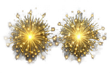 Two golden glittery fireworks bursts isolated bright celebration explosions festive sparkle transparent background