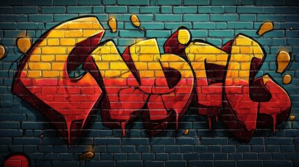Unique distressed comic book style graffiti on a vibrant blue brick wall.