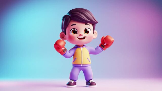 Cartoon boxer in sportswear posing against colorful gradient background