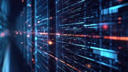 High speed data transfer technology with glowing digital lines and futuristic server network background, perfect for IT, AI, cloud, big data, and cybersecurity concepts