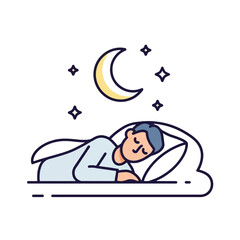 A person peacefully sleeping in bed under a crescent moon and twinkling stars.