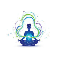 Silhouette of a person meditating in lotus position with swirling energy waves emanating from their core.