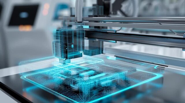A futuristic machine working on a transparent circuit board.