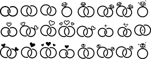 Set of minimal wedding ring icons with hearts, diamonds, and sparkles. Perfect for wedding invitations, marriage symbols, love, and romantic graphic elements