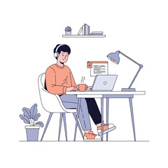 A young man is working at a desk, using a laptop, wearing headphones, and drinking coffee.