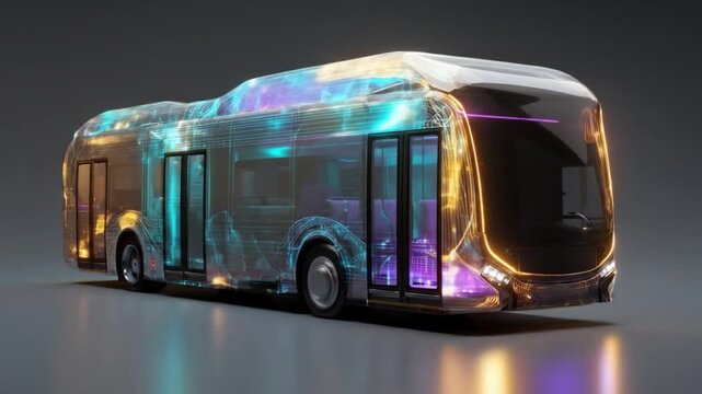 Futuristic electric bus illustration with digital overlay on grey background