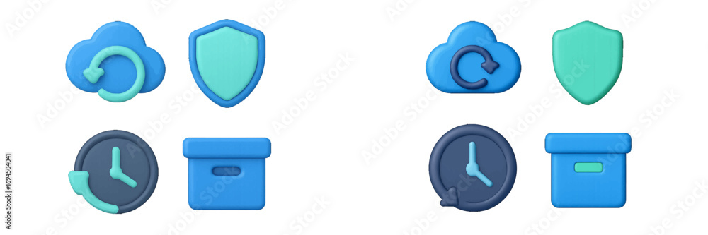 Fototapete cloud sync, security shield, backup history clock, and archive box icons for data management and use