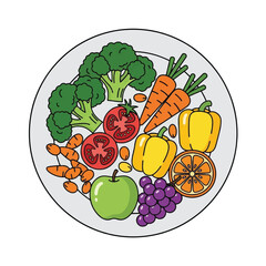 A colorful plate of fresh vegetables and fruits, arranged for healthy eating.