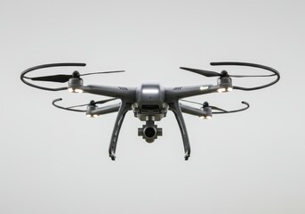 Fototapeta premium A modern drone hovers against a plain backdrop, its sleek design and multiple propellers clearly visible.