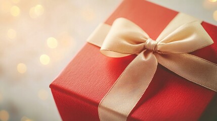 Red gift box with satin ribbon bow on white surface, highlighted by studio lighting for a festive touch.