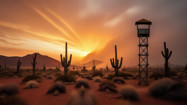 Watchtower in a desert landscape with saguaro cacti at sunset. Dramatic western scene with mountains and an orange sky. Concept of a border, frontier, and surveillance.

