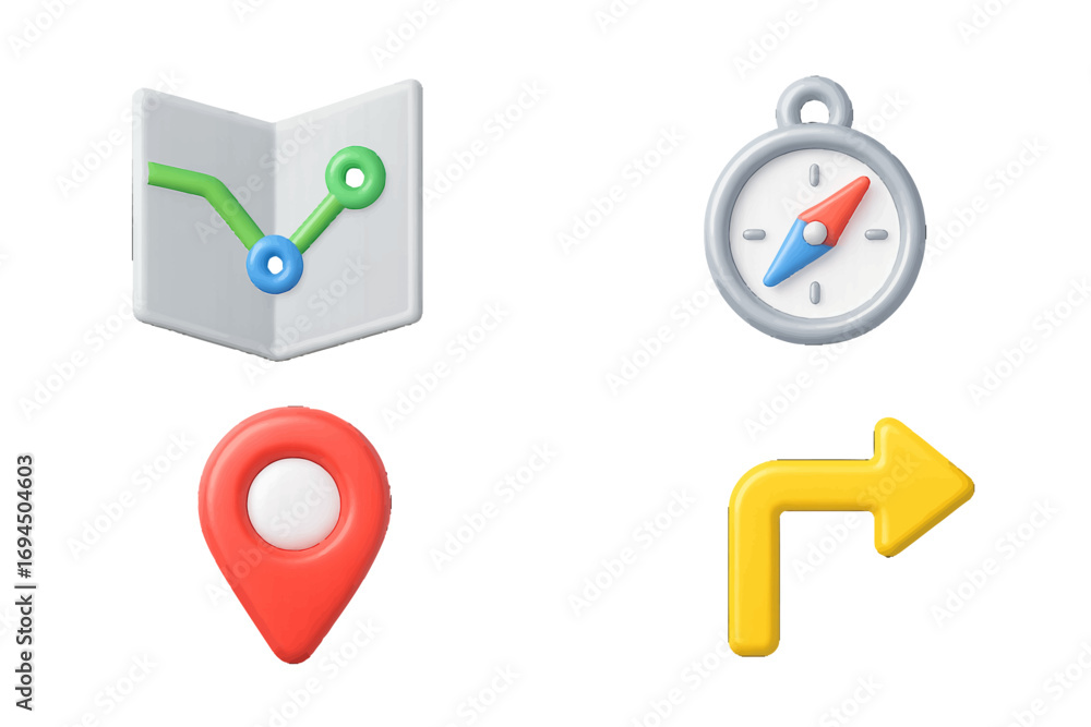 Fototapete set of 3d navigation icons including a map with a route, a compass for direction, a location pin poi