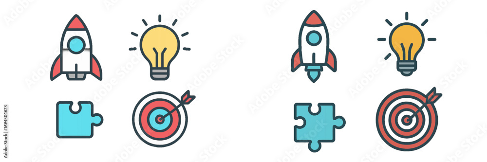 Poster business startup and development icon set with rocket ship for launch, lightbulb for idea, puzzle fo