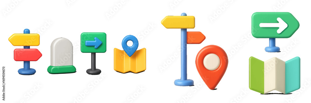 Aufkleber colorful 3d navigation icons set with direction signs, map pins, and folded maps for travel and loca