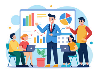 Businessman giving presentation on sales performance with large charts and team listening carefully
