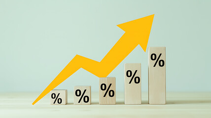 Rising yellow arrow shows growth and profit percentages with increasing bar chart segments