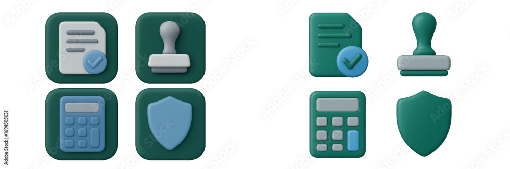 Aufkleber 3d business and finance icon set with document approval stamp calculator and security shield symbols