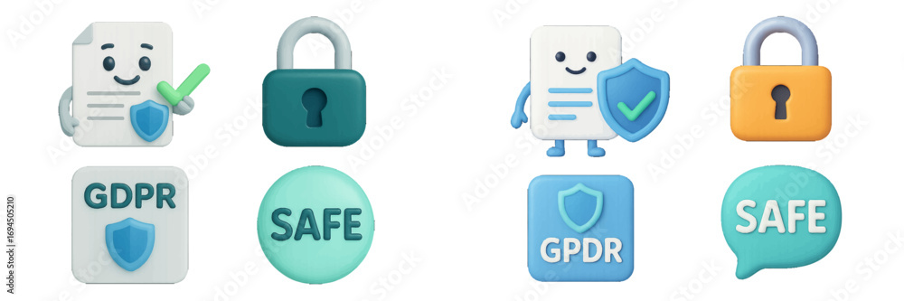 Poster 3d icon set for gdpr data protection and internet security with padlock, shield, and safe document s