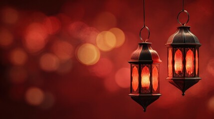 Elegant photo of 3d render illustration, two glowing red lanterns, hanging on a deep red background, bokeh, ample copy space, ramadan and eid greeting card, Islamic banner.