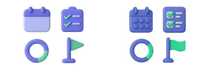 3D icon set for project management including calendar, checklist, progress chart, and goal flag for business planning and scheduling
