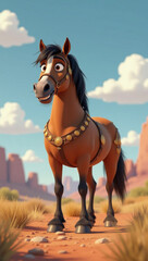 A cartoon horse on the sandy shores of a Sahara beach.