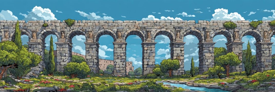 Ancient stone aqueduct with lush greenery