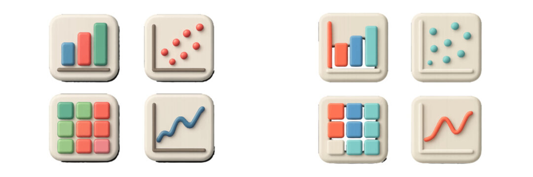 3D style chart and graph icons set for data visualization, business analytics, and user interface design on a white background