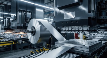 Large electric vehicle sheet metal stamping presses creating chassis components with metal sheets fed continuously.