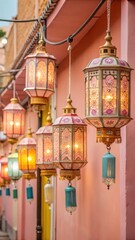 Obraz premium Vibrant night market lanterns hanging from colorful street food stalls