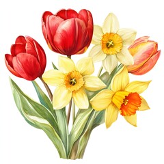 Obraz premium Watercolor tulip and daffodil bouquet clipart, in yellow, red, and pink colors, on a white background,
