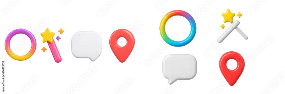 Aufkleber 3d icon set for user interface design with magic wand, location pin, and speech bubble elements isol