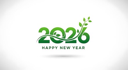 Happy new year 2026 green typographic design with growing plant elements