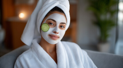 Face Mask Skincare: A woman in a robe applying a facial mask with a cucumber slice a towel and a bathroom with a spa like vibe. high quality photo ultra high detail 8K