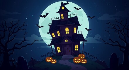 A spooky haunted house with pumpkins and bats under a full moon in a halloween night scene setting