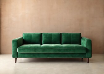 Plush velvety emerald green sofa against neutral beige walls in an elegant modern living space