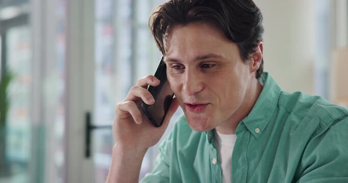 Phone call, communication and businessman in office with talking, networking and contact for hiring. Happy, cellphone and professional HR manager on mobile discussion for recruitment in workplace.