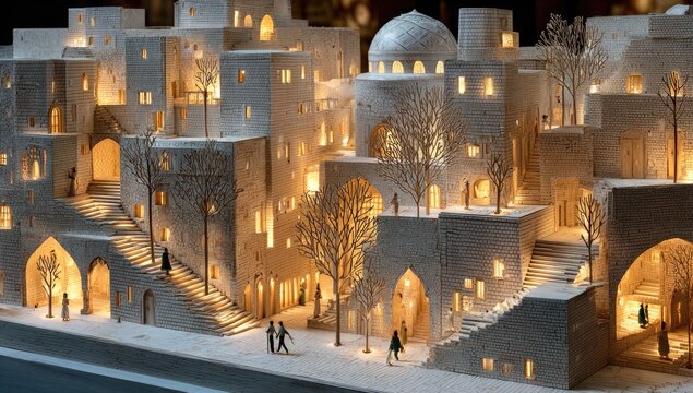 Detailed architectural model of a city, lit by warm lights.  Intricate structures, winding pathways, and small figures suggest a bustling, ancient urban design