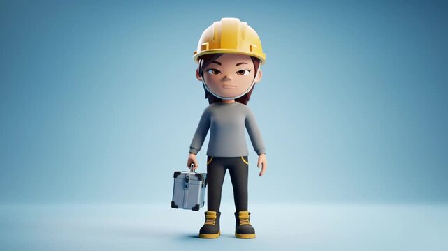 Cartoon builder character holding toolbox against a light blue backdrop