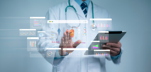 Doctor using tablet with futuristic digital interface showing AI healthcare data, anatomy charts and medical analytics for modern innovation in diagnosis, treatment and health research